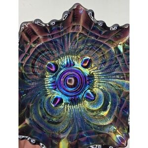Vintage Imperial Carnival Glass Scroll Embossed Iridescent Teal/Purple Bowl  EUC